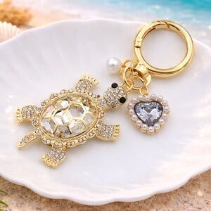 Rhinestone Turtle Heart Charm Keychain
